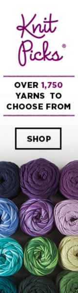 A banner for Knit Picks. Their logo is up top, followed by the text "over 1,750 yarns to choose from" and a button that says "shop." At the bottom there are several skeins of brightly-colored yarn.